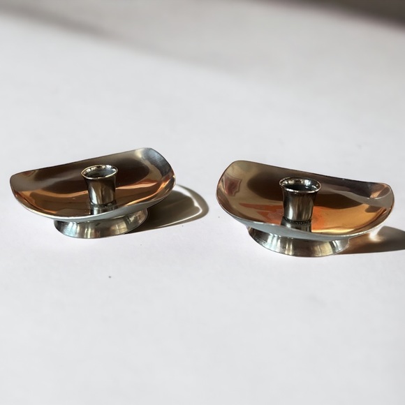 VTG Danish Mid Century 18/8 Stainless Taper Candleholder Pair Minimalist Mod - Picture 7 of 10